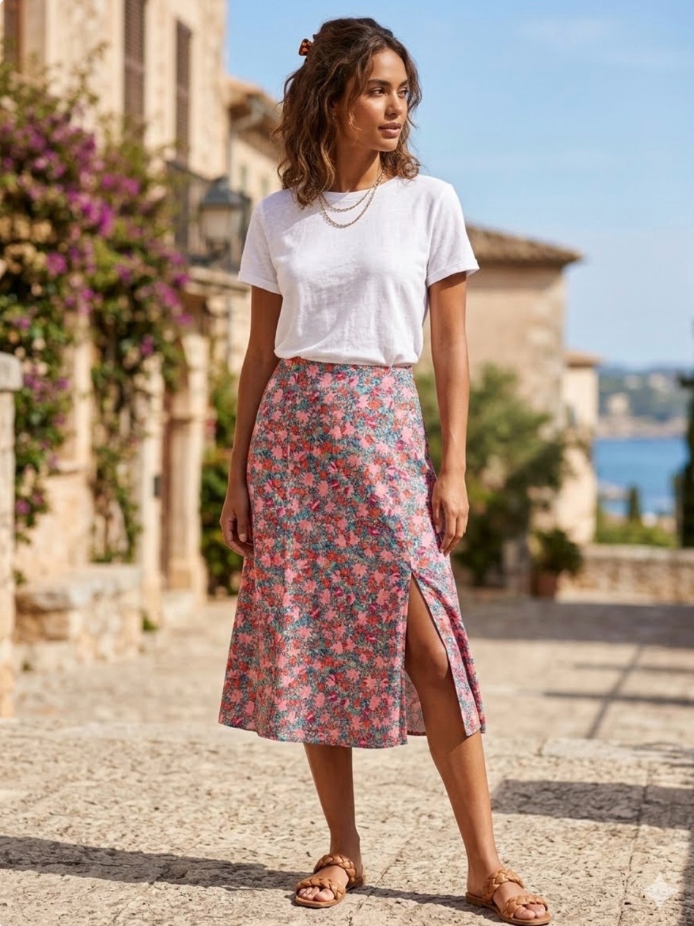 LOFT Pink Floral Linen-Blend A-Line Midi Skirt with Slit - Size 8